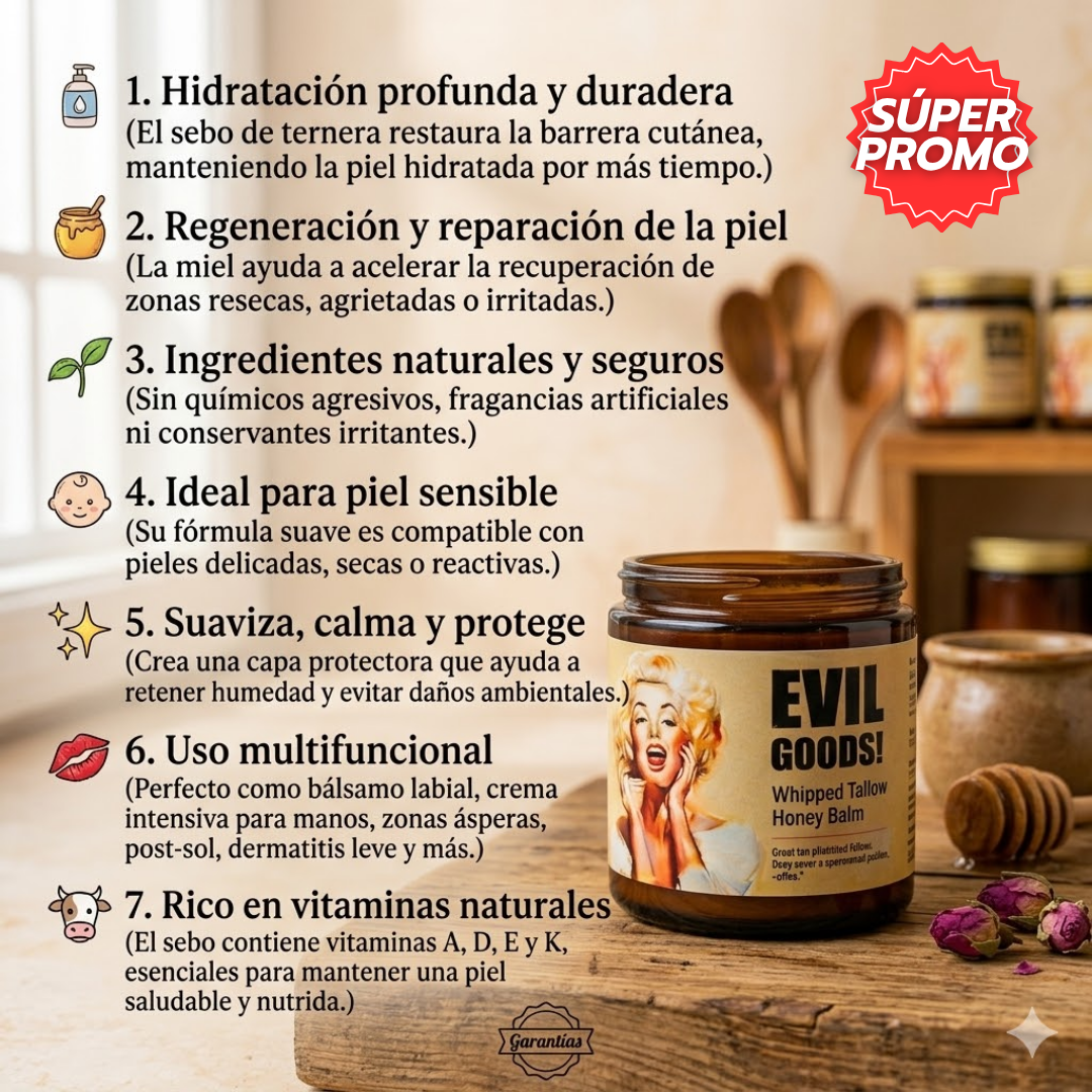 Evil Goods™:Sebo de Res y Miel que Hidrata, Repara y Protege Intensamente la Piel Sensible y Reseca.